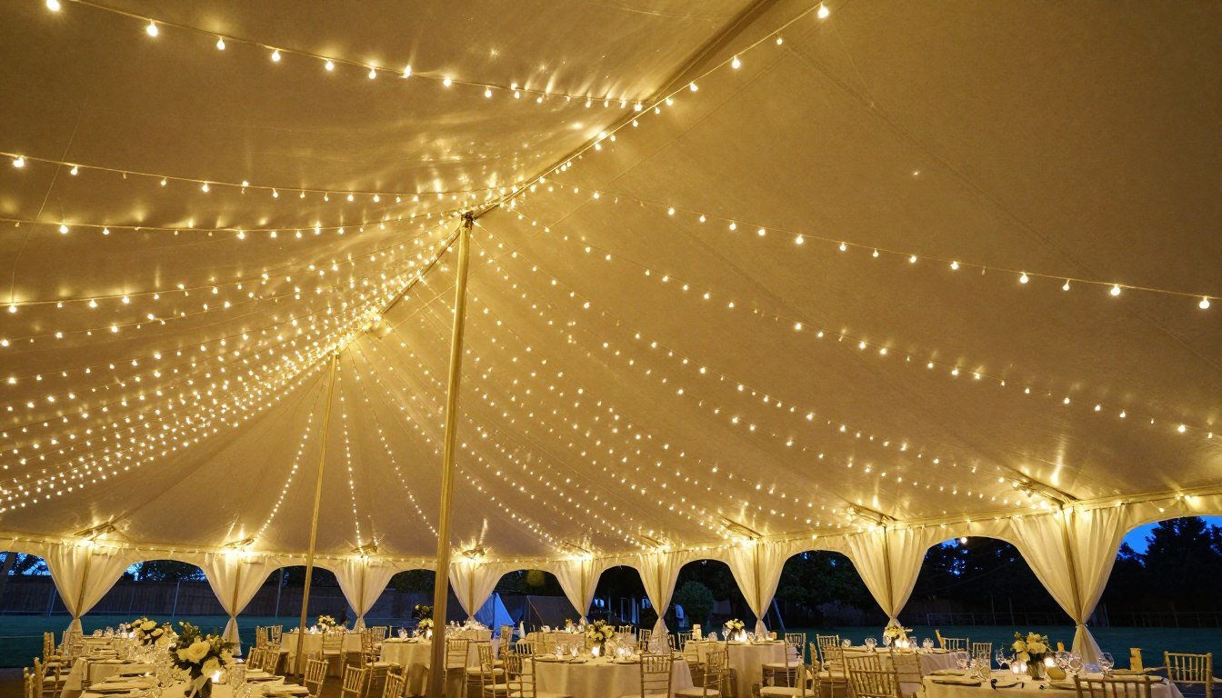 Wedding tent with string lights creating a warm, starry ceiling effect