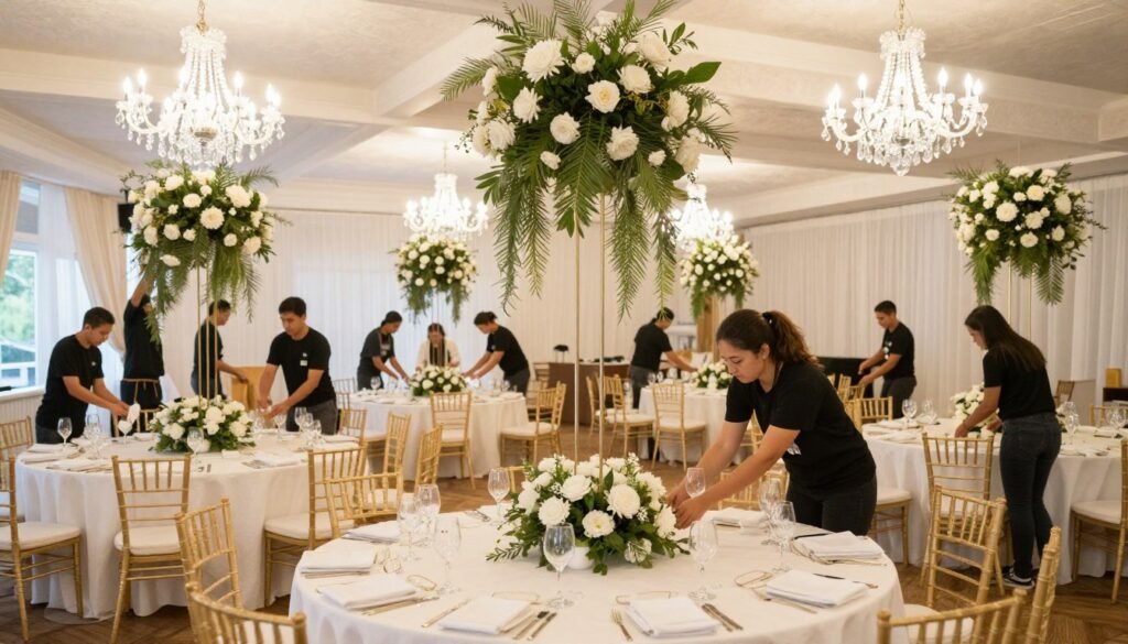 Wedding venue being transformed with decorations on setup day with team working efficiently