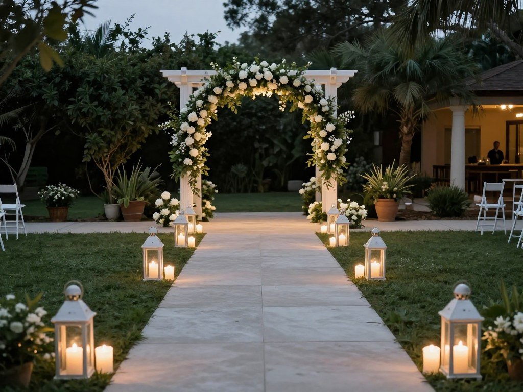 Wedding venue entrance path lined with simple lanterns and greenery Wedding venue entrance path lined with simple lanterns and greenery