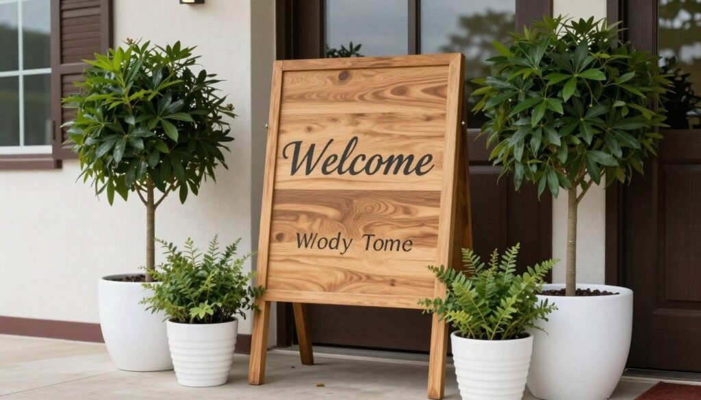 Wedding venue entrance with simple welcome sign and potted plants Wedding venue entrance with simple welcome sign and potted plants