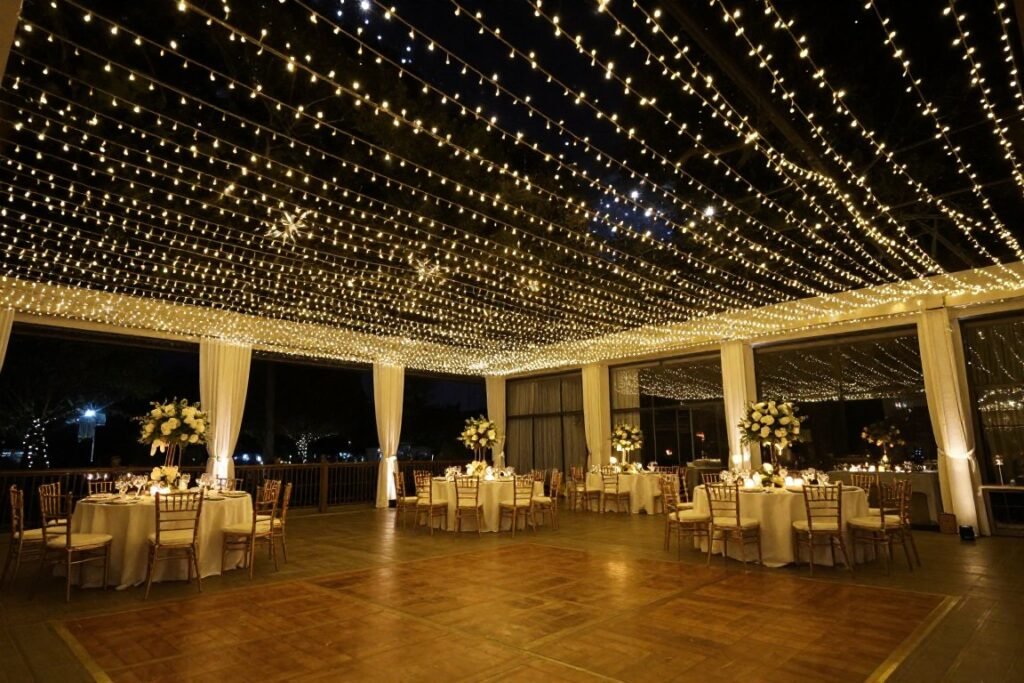 Wedding venue with a canopy of fairy lights creating a starry night effect