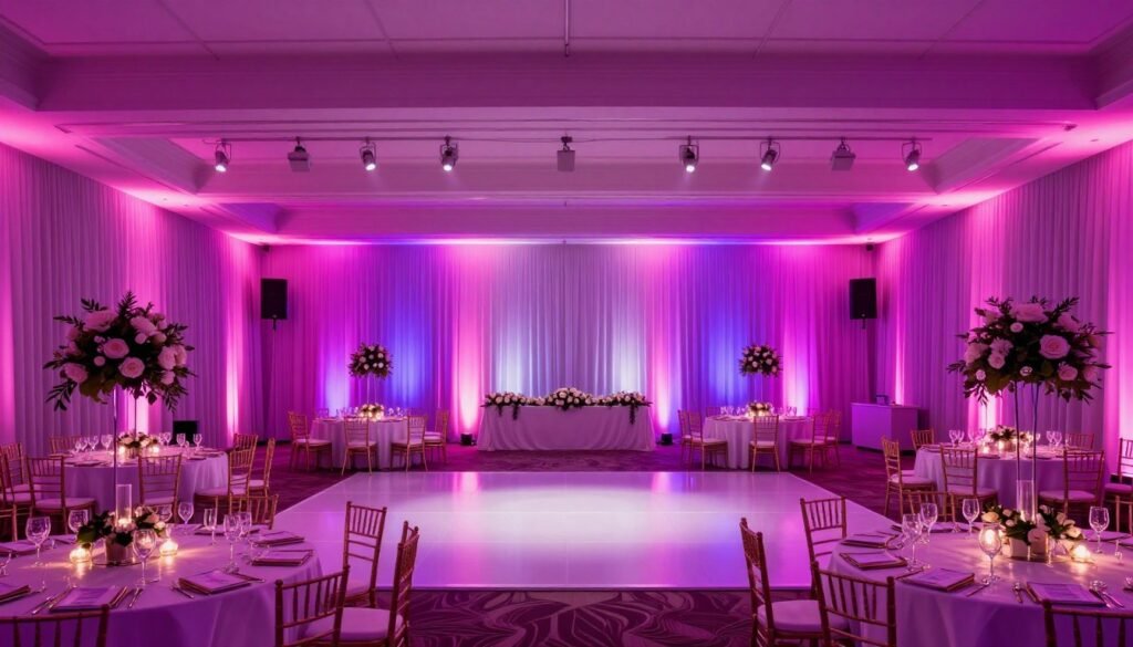 Wedding venue with purple and pink uplighting on walls