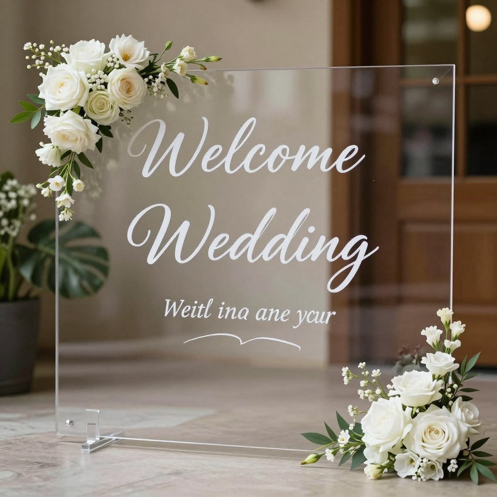 Wedding welcome sign with acrylic base, calligraphy, and floral accents