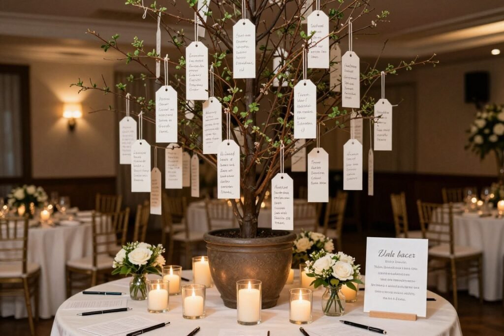 Wedding wish tree with hanging tags for guests to write messages and advice