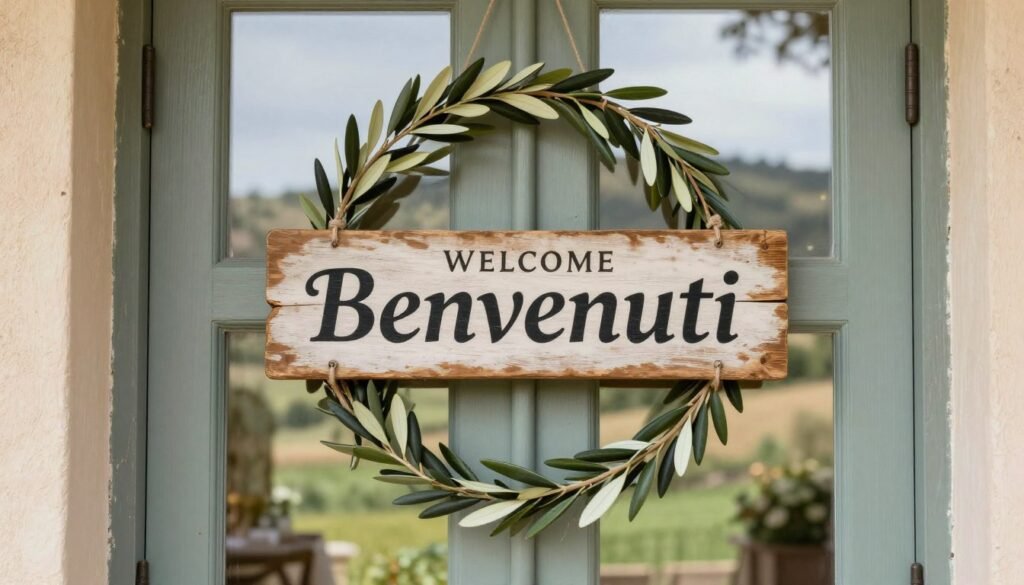 Welcome sign for Italian bridal shower with olive branch wreath decoration