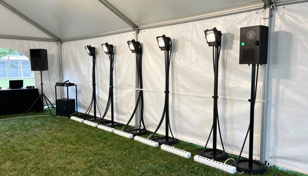 Well-organized power distribution for tent lighting and electronics