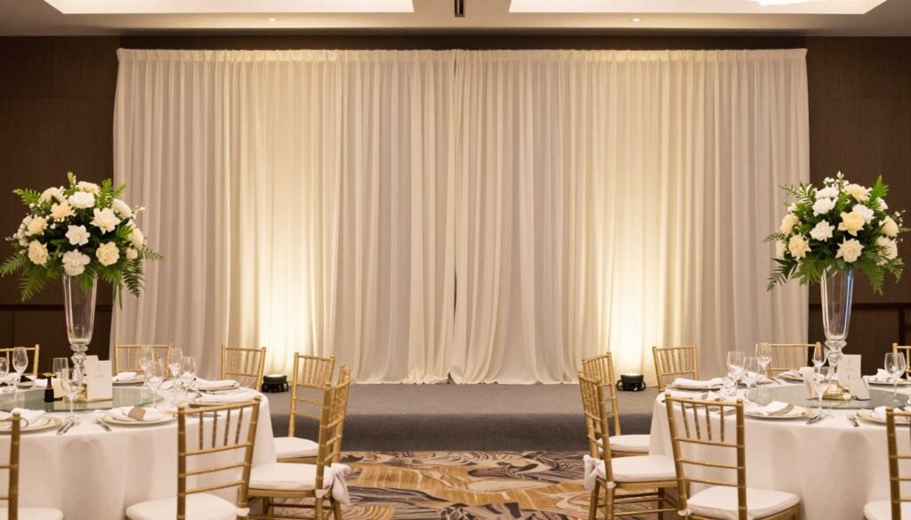 Well-styled event space showing backdrop decoration integrated with overall decor