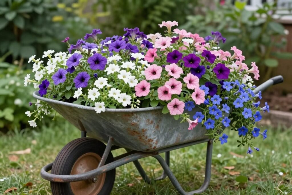 Wheelbarrow planter with cascading flowers in purples, pinks and whites creating a waterfall effect over the sides Wheelbarrow planter with cascading flowers in purples, pinks and whites creating a waterfall effect over the sides