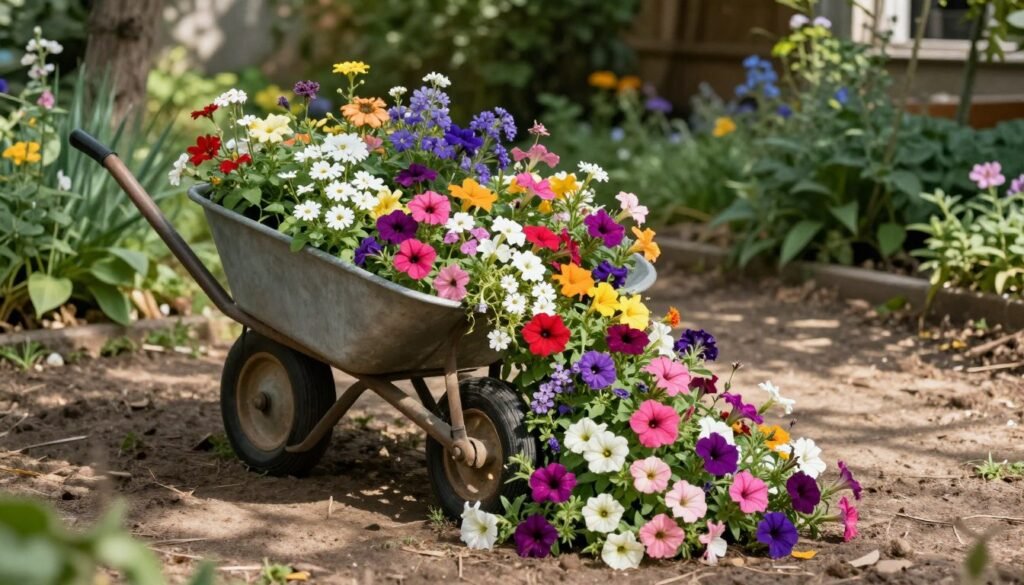 Wheelbarrow positioned on its side with flowers and plants appearing to spill out onto the ground in a natural-looking arrangement Wheelbarrow positioned on its side with flowers and plants appearing to spill out onto the ground in a natural-looking arrangement