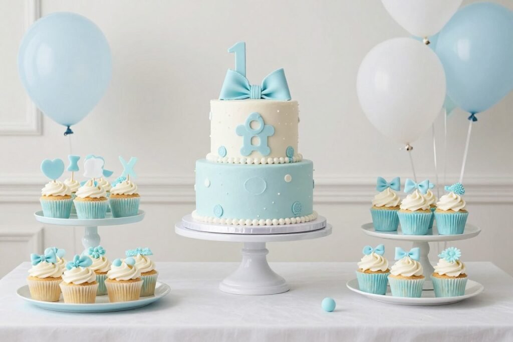 Whimsical baby shower cake table with soft colors, stuffed animals, and sweet decorative elements