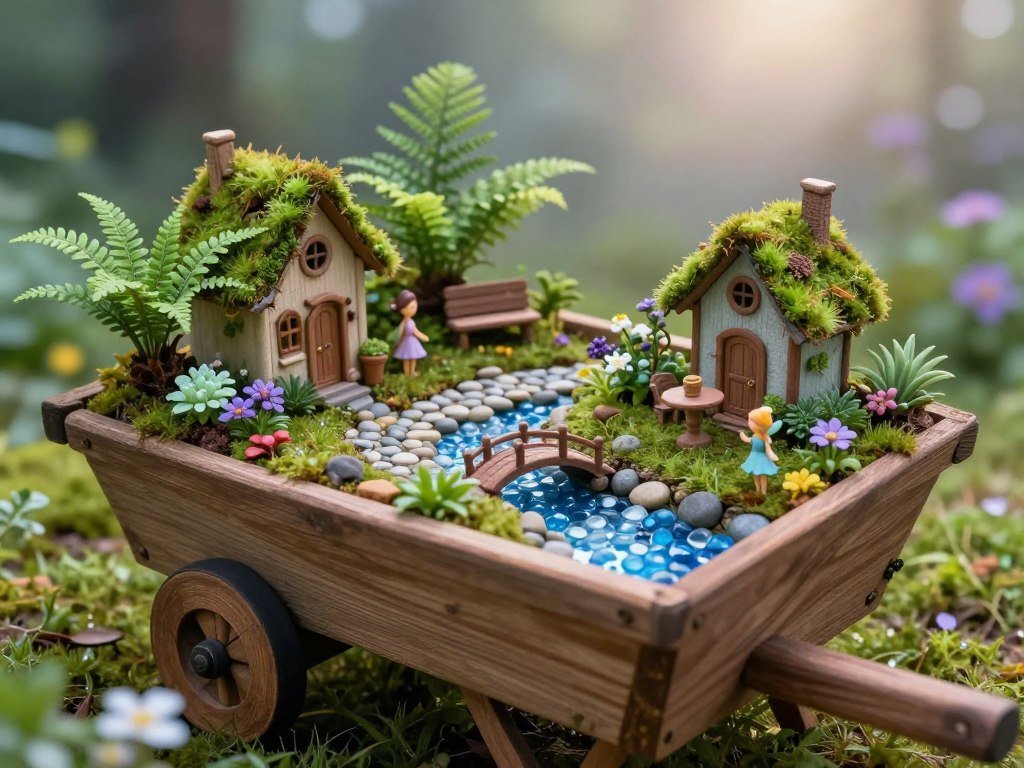 Whimsical fairy garden created in a small wooden wheelbarrow with miniature houses, tiny furniture, pathways and small-scale plants Whimsical fairy garden created in a small wooden wheelbarrow with miniature houses, tiny furniture, pathways and small-scale plants