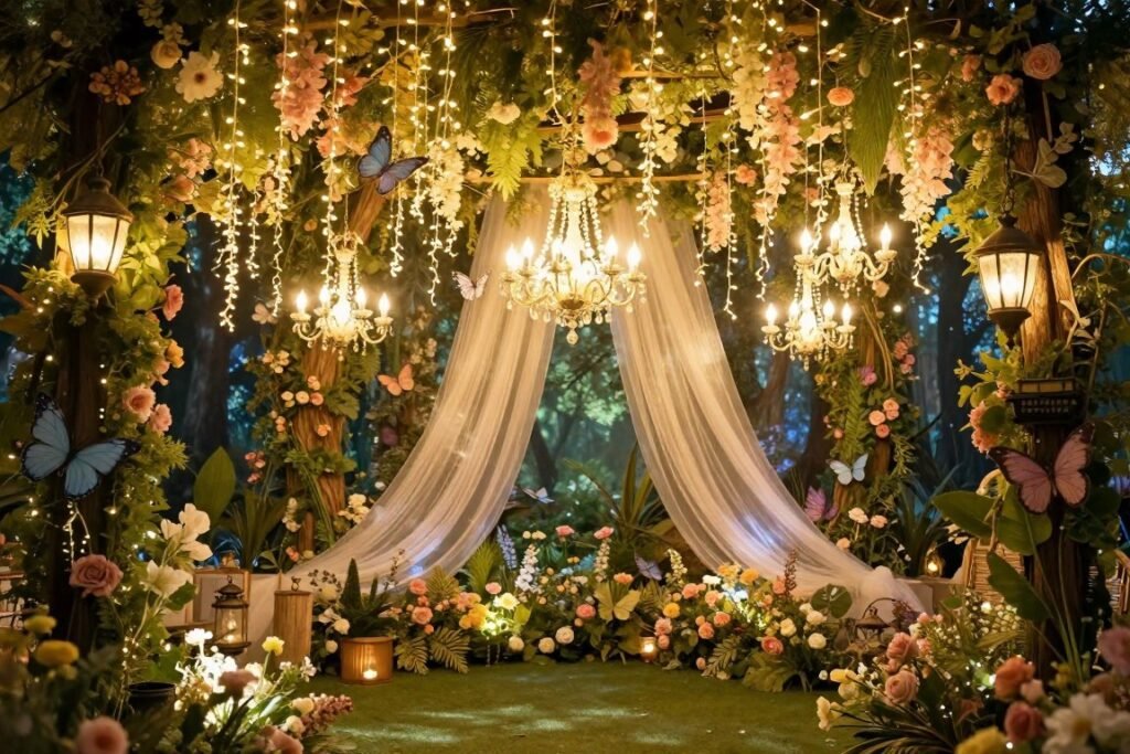 Whimsical fairytale garden bridal shower with fairy lights, florals, and magical details