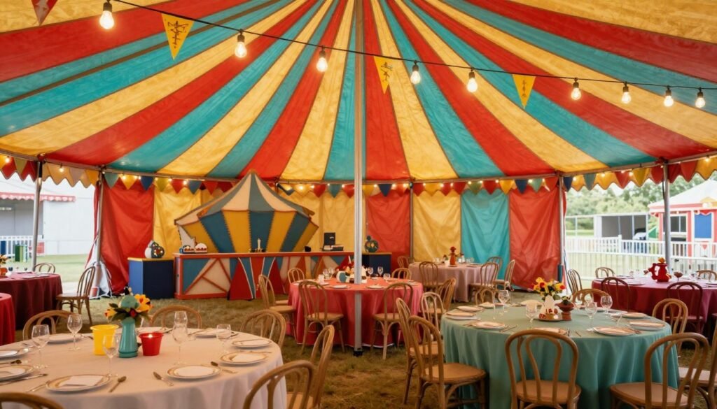 Whimsical party tent with vintage carnival decorations and colorful elements