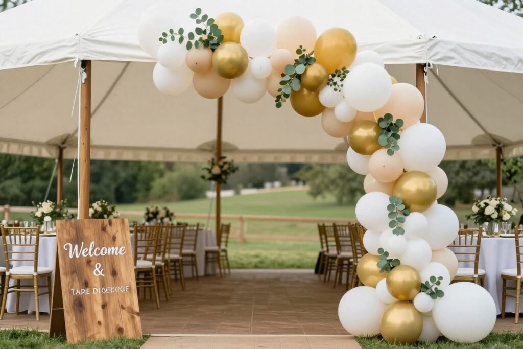 Whimsical reception entrance decorated with balloon garland and greenery