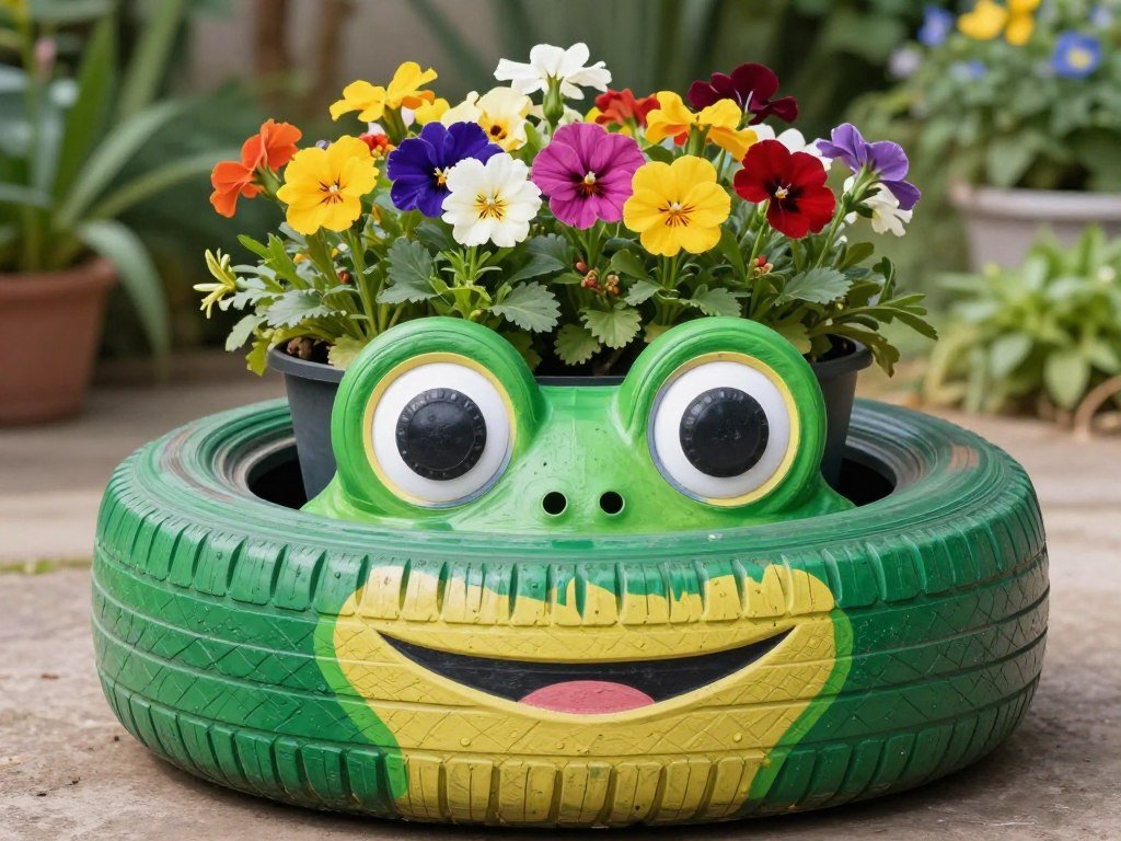 Whimsical tire planter painted and decorated to look like an animal character with flowers as hair