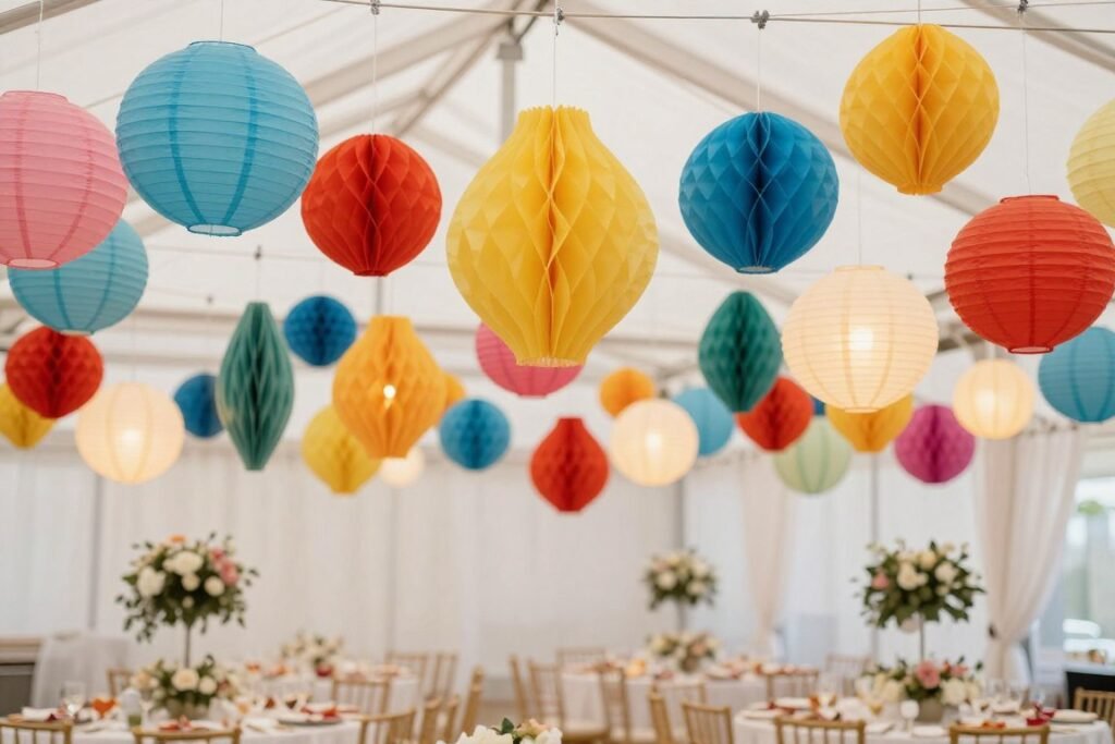 Whimsical wedding reception with colorful paper lanterns and honeycombs hanging from ceiling
