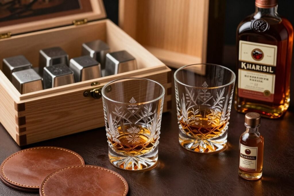 Whiskey accessories and personalized glasses for groomsmen proposals