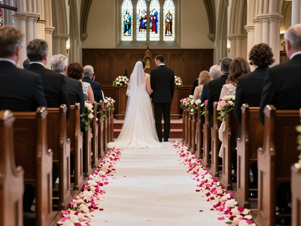 White aisle runner with rose petals in a church setting