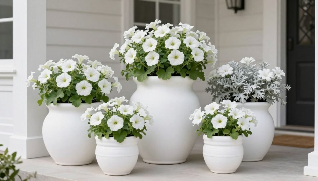 White planters with all-white flowers creating a sophisticated monochromatic front porch display White planters with all-white flowers creating a sophisticated monochromatic front porch display