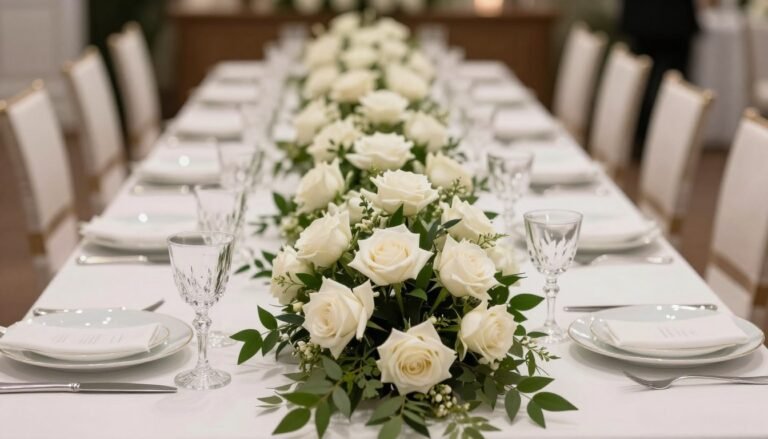 White rose and greenery garland wedding table decoration running down the center of a long reception table