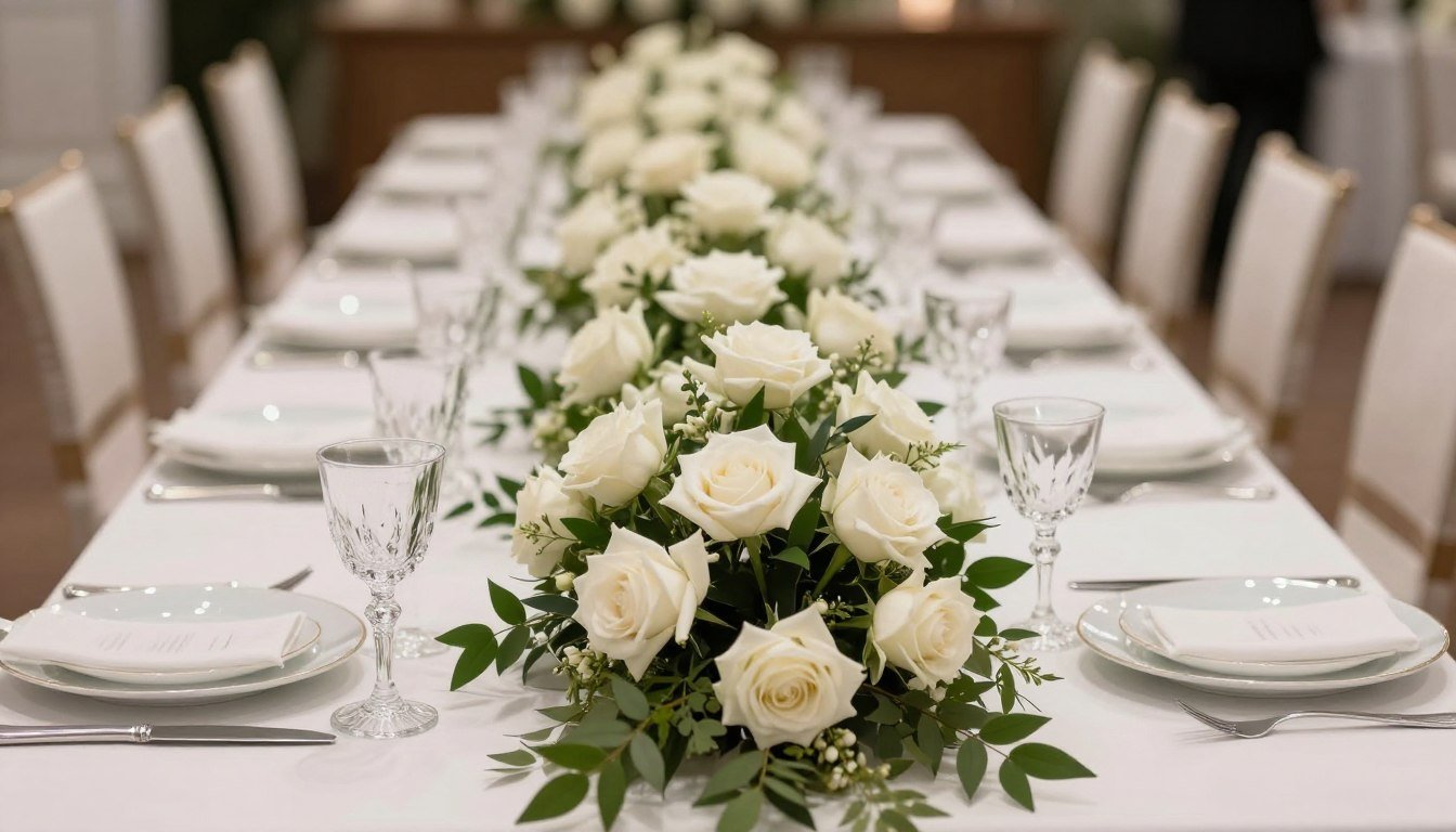 White rose and greenery garland wedding table decoration running down the center of a long reception table
