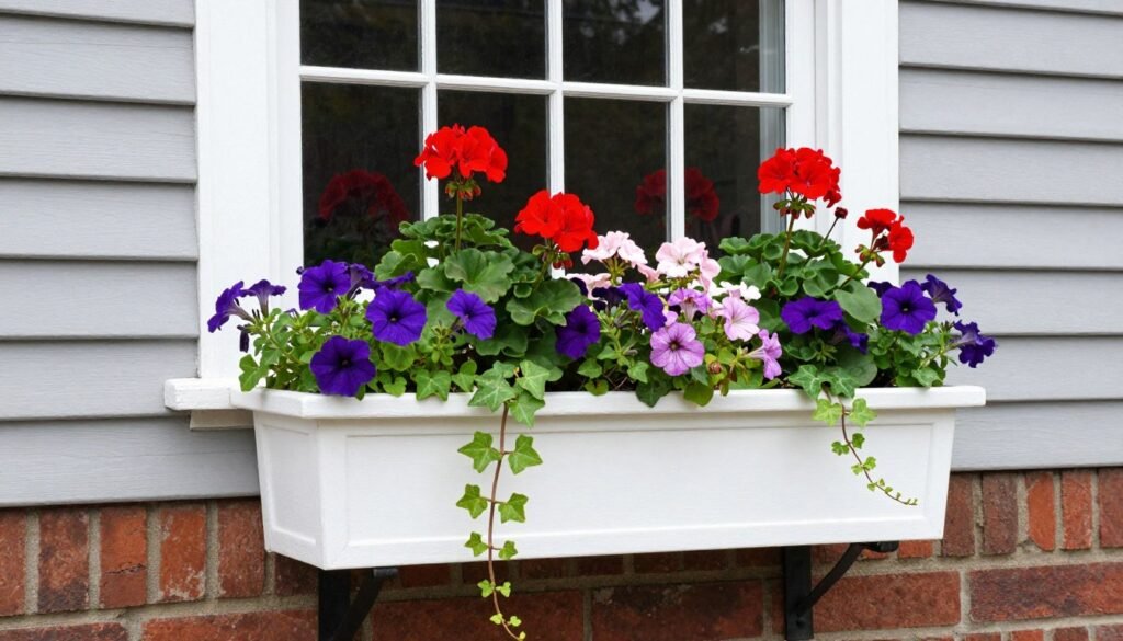 White window box planter filled with colorful flowers beneath a cottage window White window box planter filled with colorful flowers beneath a cottage window