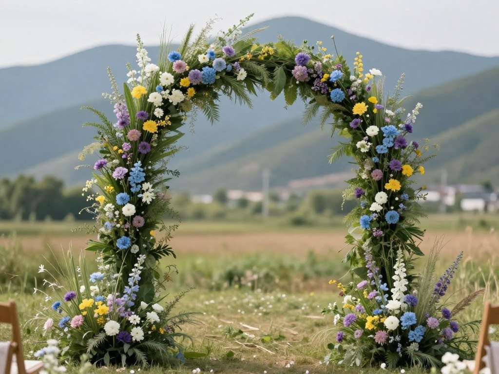 Wildflower arch decoration wedding with colorful meadow flowers and grasses