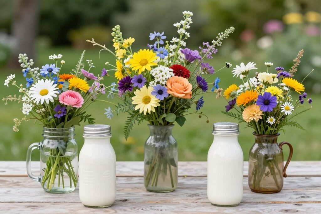 Wildflower arrangements in mismatched containers