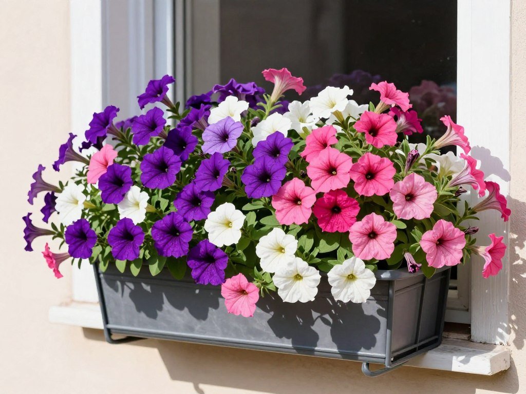 Window box overflowing with colorful petunias in purple, pink and white Window box overflowing with colorful petunias in purple, pink and white