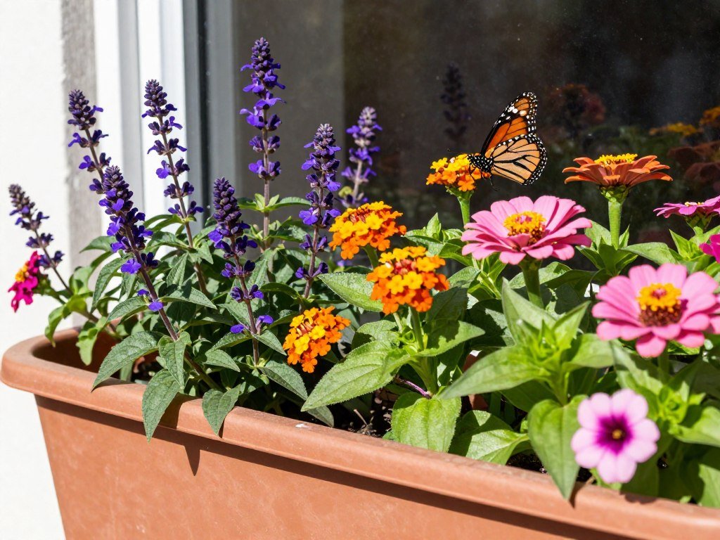 Window box with pollinator-friendly flowers and a butterfly visiting Window box with pollinator-friendly flowers and a butterfly visiting