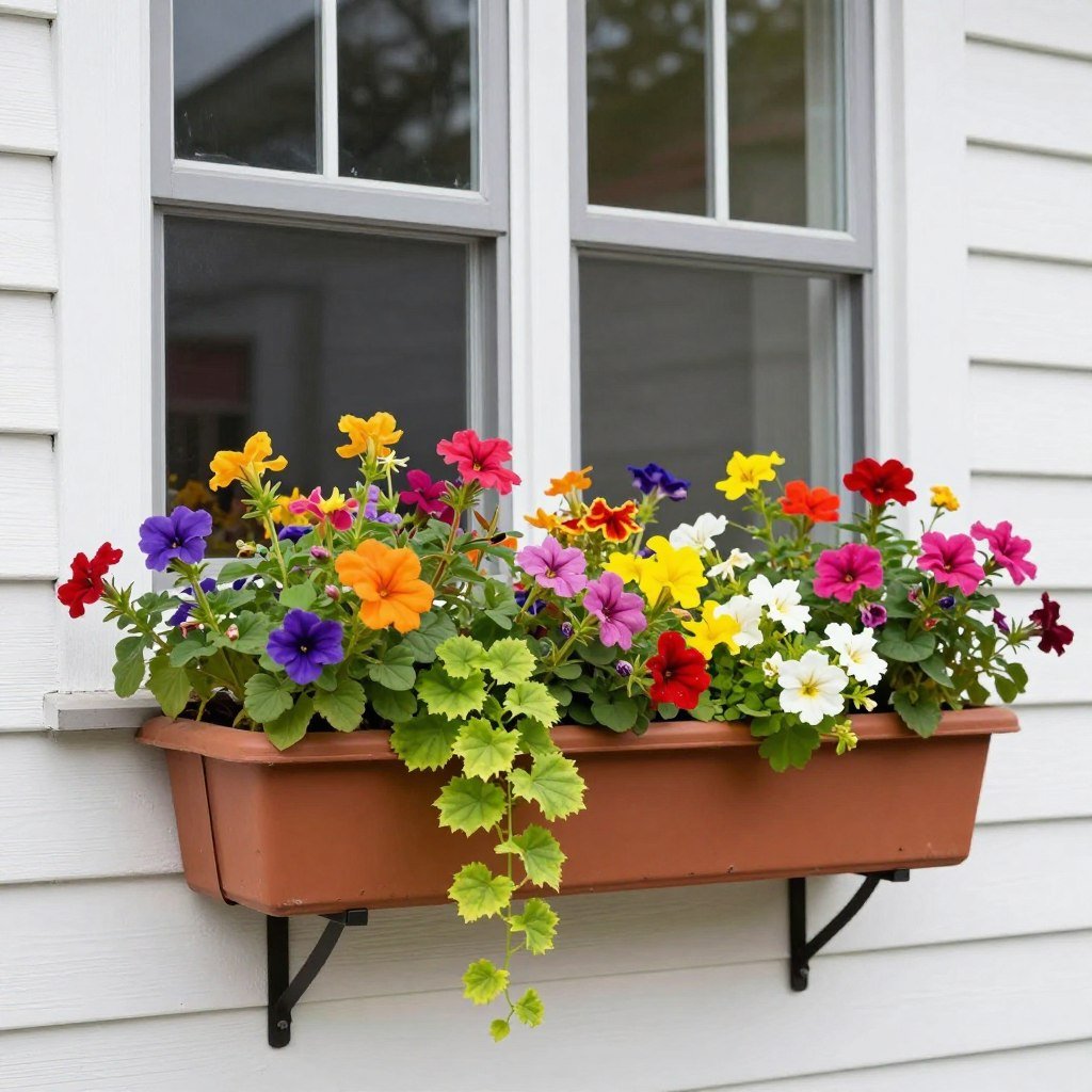 Window boxes with colorful flowers attached to a house Window boxes with colorful flowers attached to a house