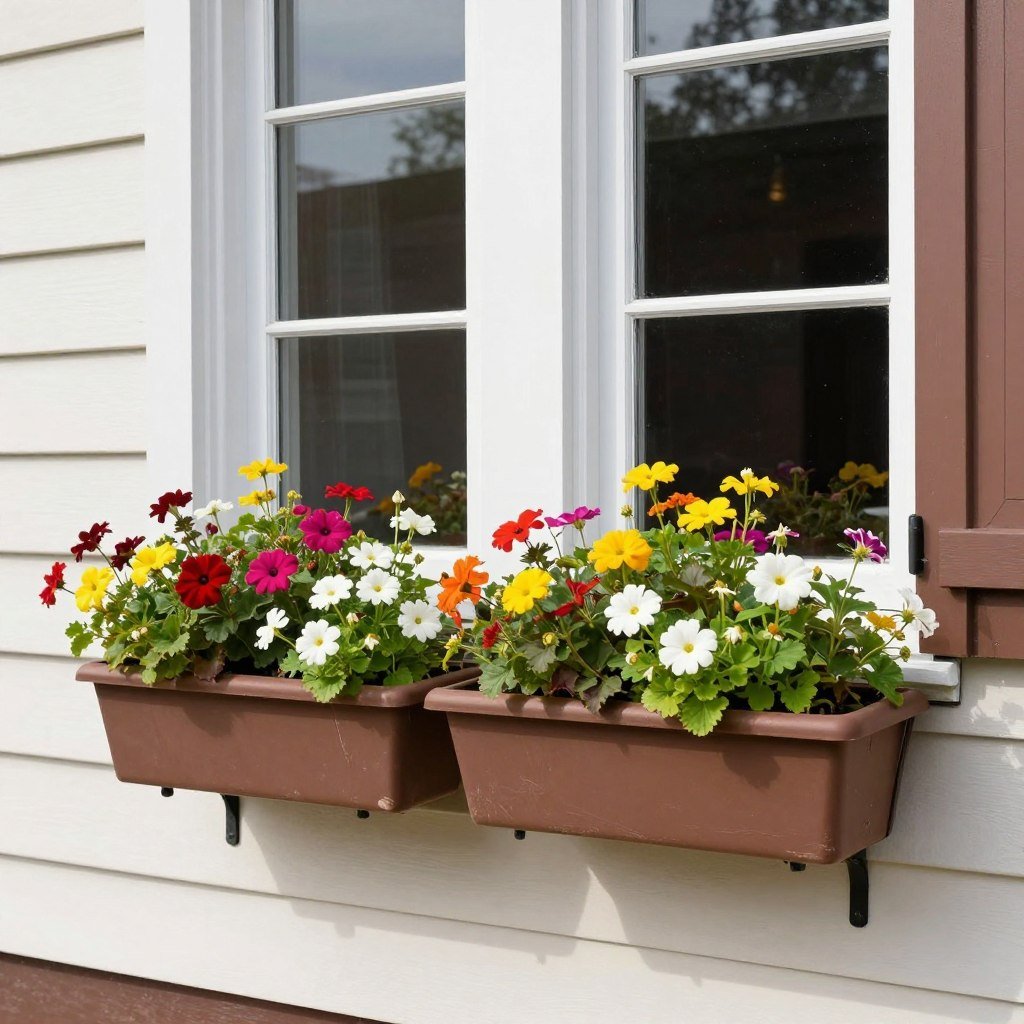 Window boxes with seasonal flowers complementing house color Window boxes with seasonal flowers complementing house color