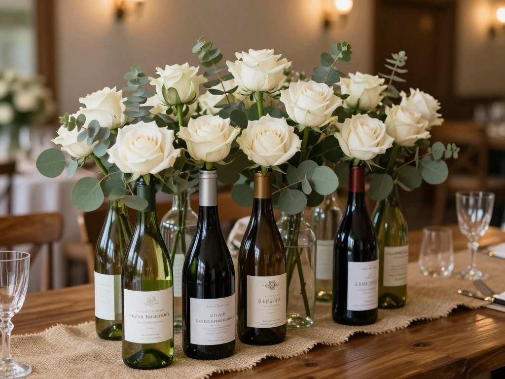 Wine bottle centerpieces with flowers for Italian bridal shower