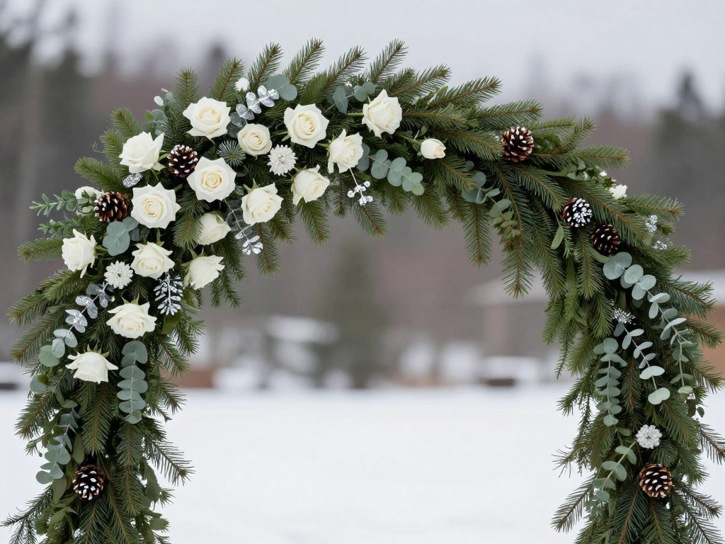 Winter arch decoration wedding with evergreens and white flowers