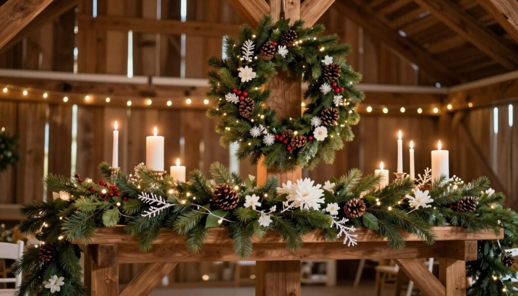 Winter barn wedding with evergreen decorations, pinecones, and warm lighting Winter barn wedding with evergreen decorations, pinecones, and warm lighting
