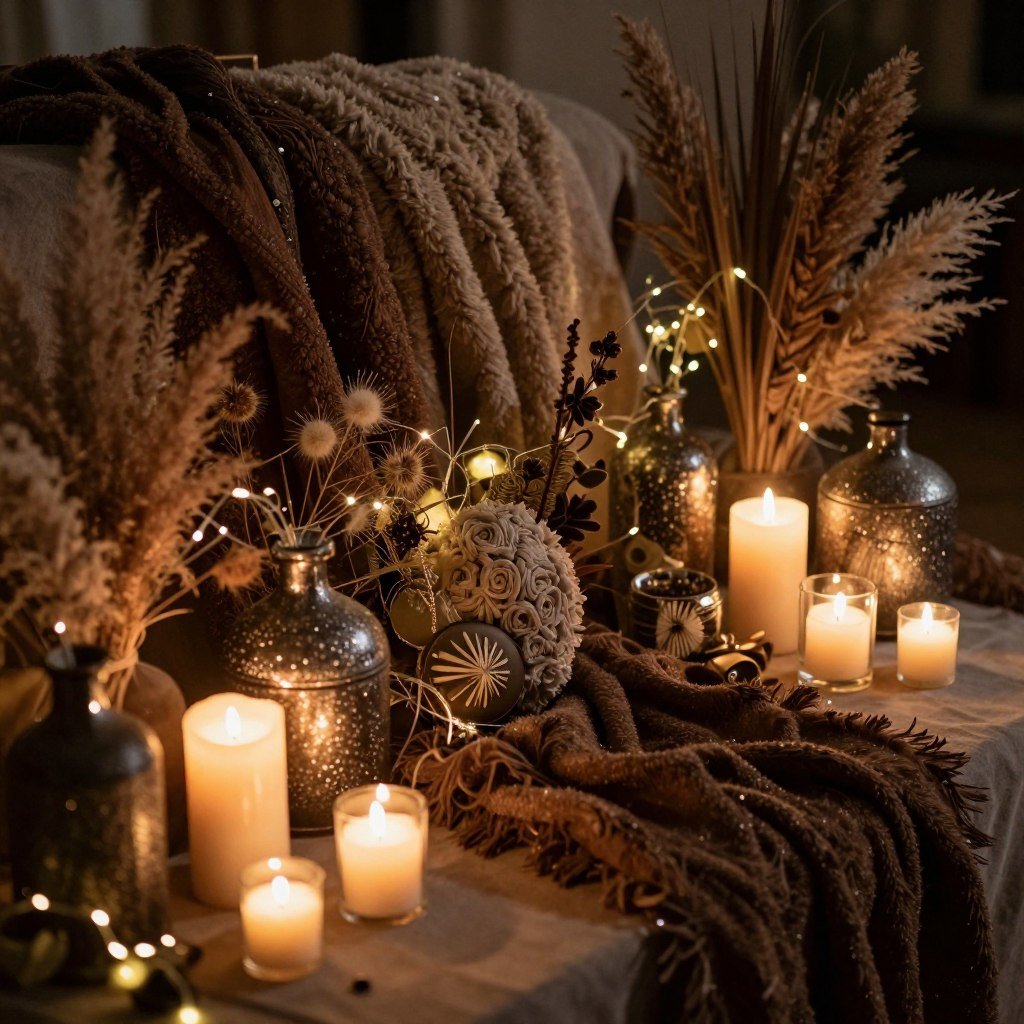 Winter bohemian wedding decorations with cozy textures and warm lighting