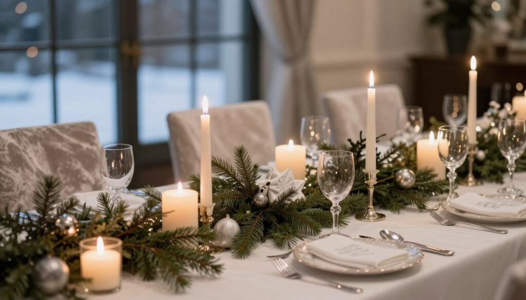 Winter bridal shower decorations with evergreens and cozy elegant styling