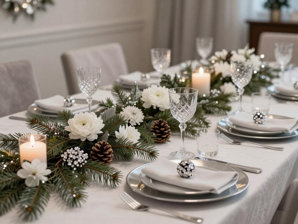 Winter bridal shower table with silver and white decorations, evergreen elements, and sparkling accents