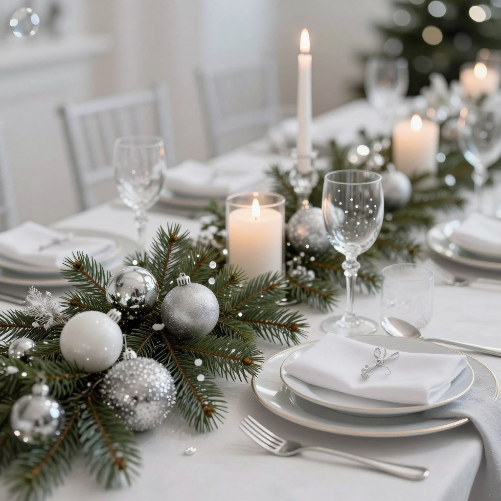 Winter engagement party with silver, white and evergreen decorations