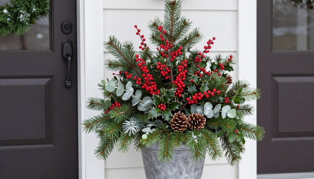 Winter front door planter with evergreen boughs, red-twig dogwood, pine cones and winterberry holly Winter front door planter with evergreen boughs, red-twig dogwood, pine cones and winterberry holly
