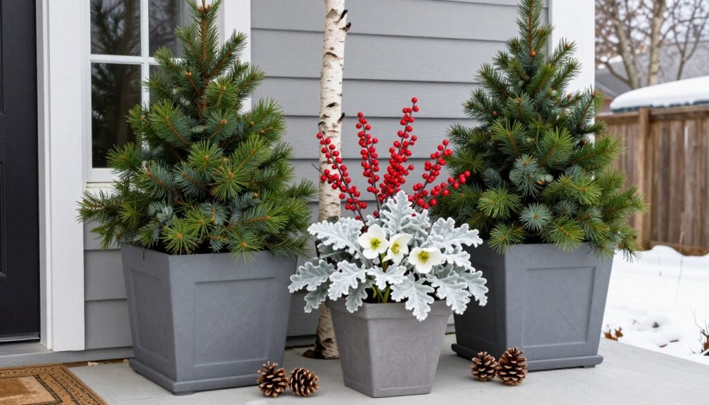 Winter front porch planters with evergreen boughs, berries, and cold-tolerant plants