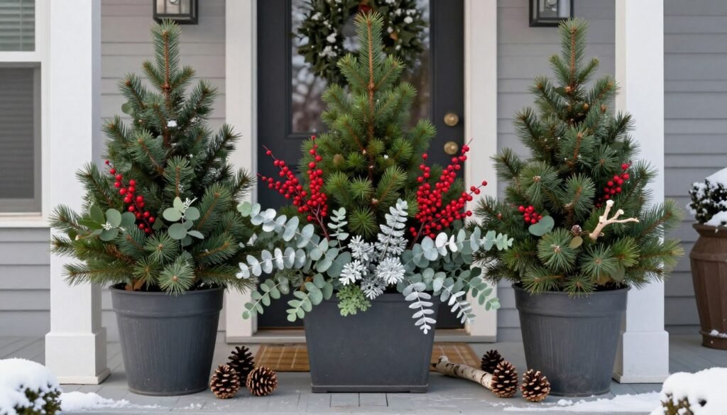 Winter front porch planters with evergreen branches, berries, and pinecones creating seasonal interest Winter front porch planters with evergreen branches, berries, and pinecones creating seasonal interest