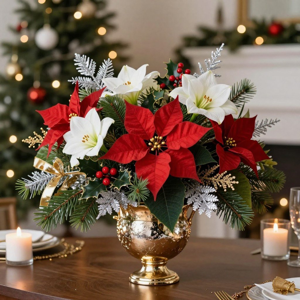 Winter holiday fake flowers decor featuring poinsettias, pine, and festive elements Winter holiday fake flowers decor featuring poinsettias, pine, and festive elements