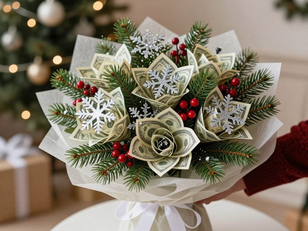 Winter holiday money bouquet with festive decorations
