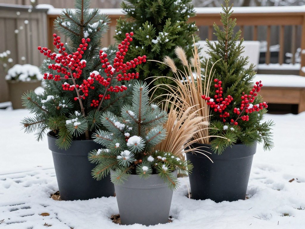 Winter patio planters featuring evergreen branches, red dogwood stems, ornamental grasses, and berries arranged in frost-resistant containers