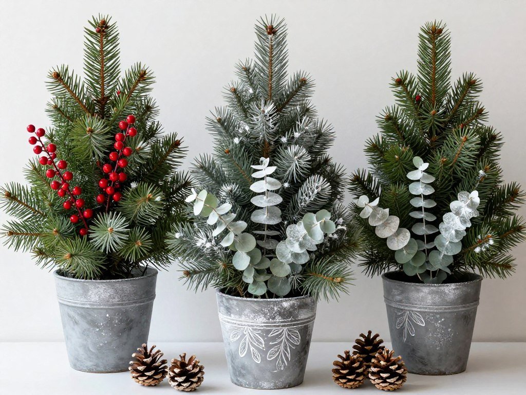 Winter planters with evergreen branches, berries, and pinecones for seasonal interest