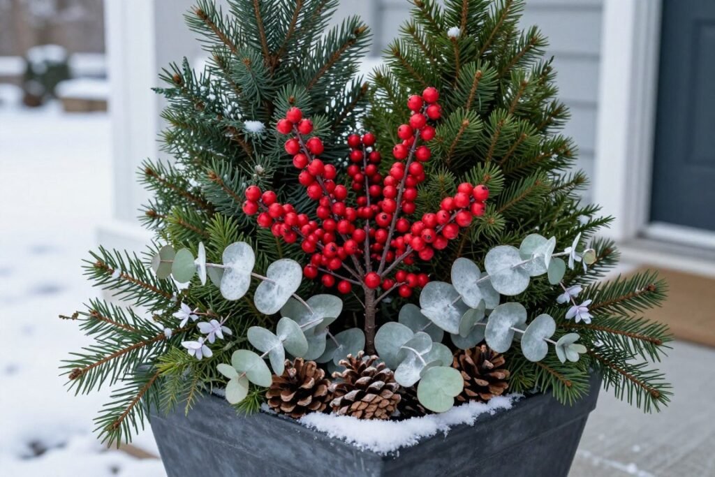 Winter porch planters with evergreen branches, red berries, and pinecones