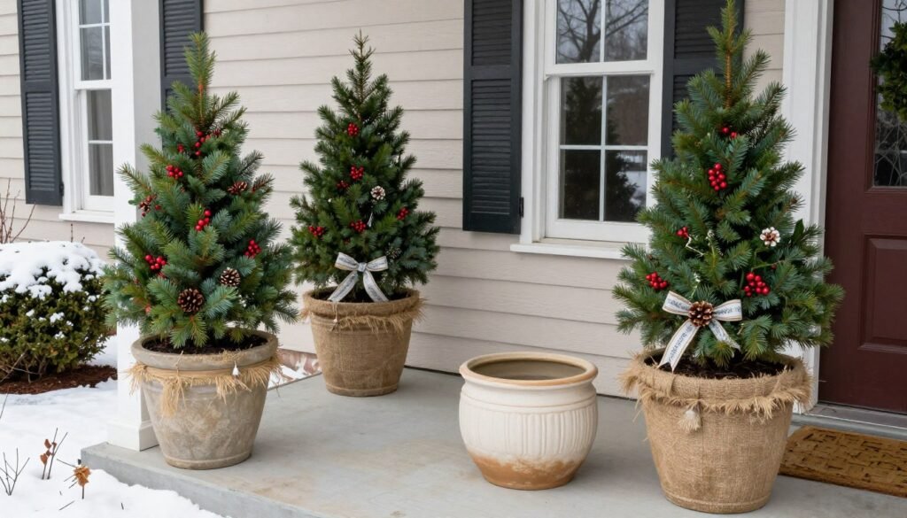 Winter-protected planters with evergreen arrangements and seasonal decorations
