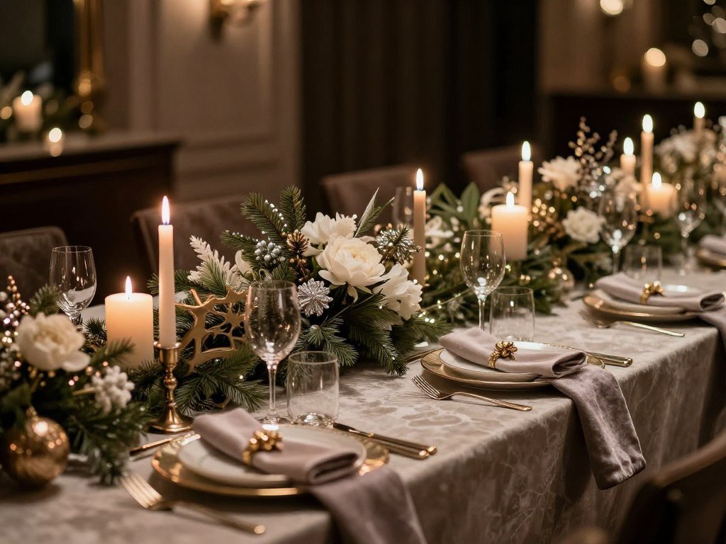 Winter rehearsal dinner with elegant holiday elements, rich textures and warm lighting
