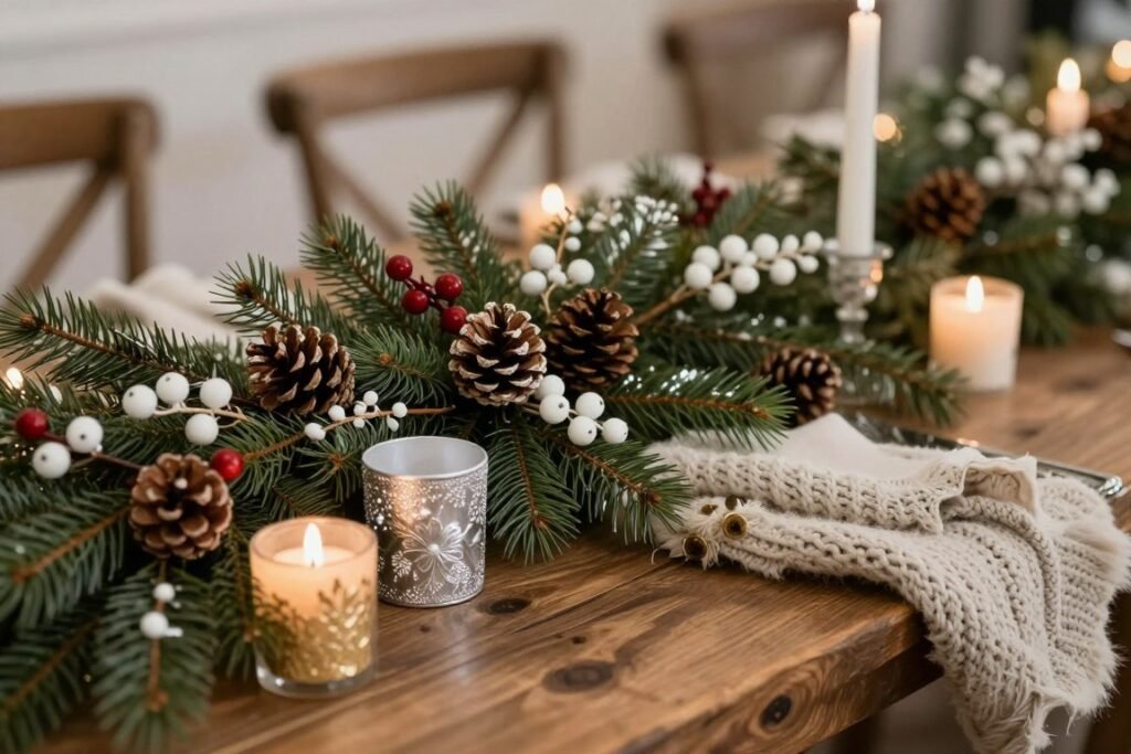 Winter rustic wedding decor with pinecones, evergreens, and warm lighting